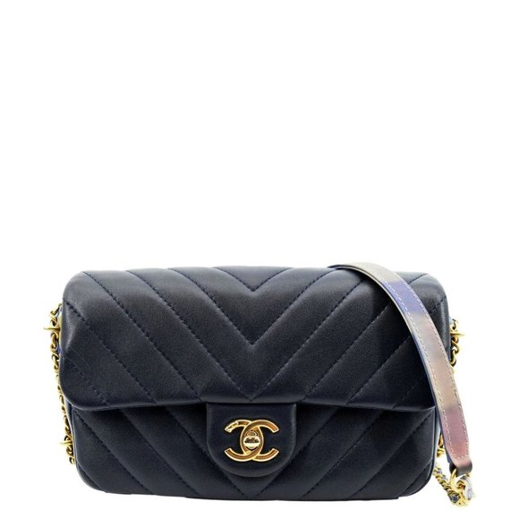 CHANEL  Mini Rectangular Flap Chevron Leather Crossbody Bag Navy Blue - Picture 1 of 12